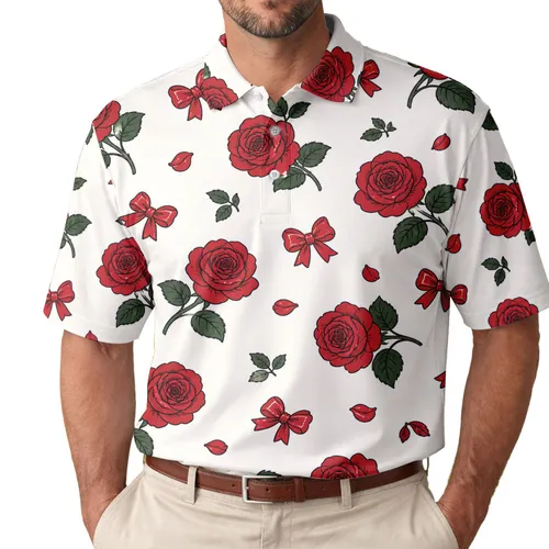 Crimson Rose And Scarlet Bow Botanical Motif For Garden Parties And Vintage Style Men's Polo Shirt
