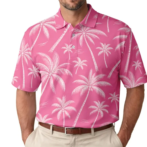 White Coconut Palms On Candy Pink For Tropical Resort Travel And Coastal Style Lovers Men's Polo Shirt