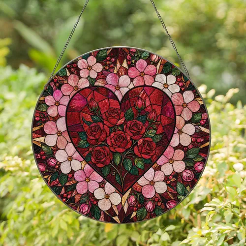 Ruby Stained Glass Rose Heart Bouquet for Valentine Wedding and Mother's Day Gifts Stained Glass Suncatcher