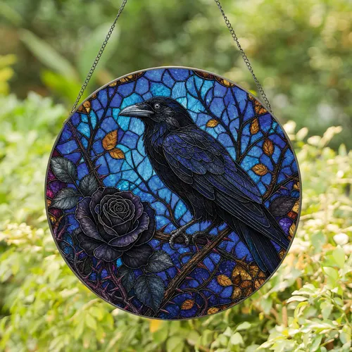 Gothic Raven And Black Rose Stained Glass Decor For Dark Romantic Home And Garden Stained Glass Suncatcher