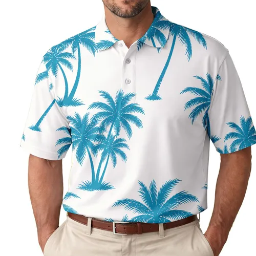 Turquoise Blue Palm Trees for Beach Vacations, Resort Weekends and Coastal Travel Men's Polo Shirt