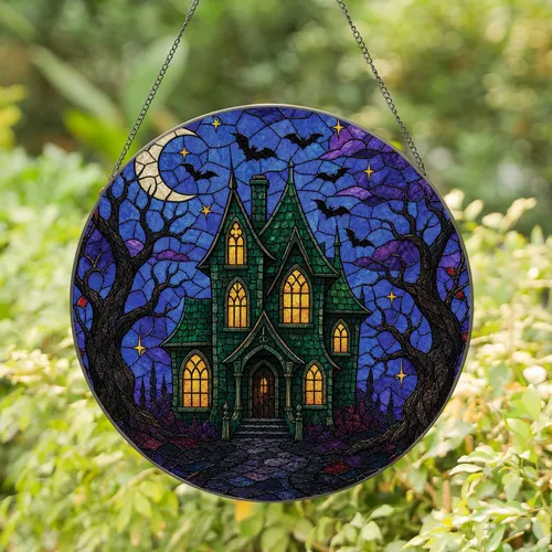 Gothic Haunted Manor With Bats And Crescent Moon For Halloween Home Window Decor Stained Glass Suncatcher