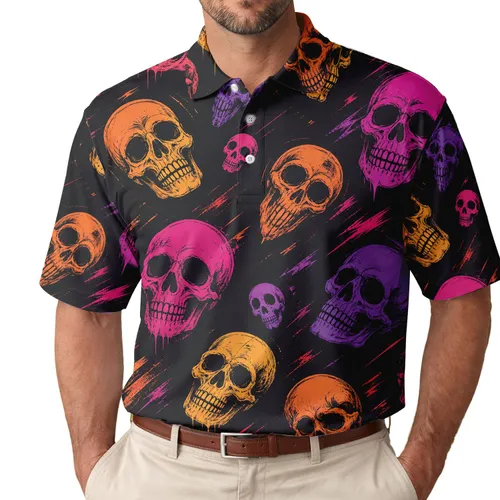 Neon Punk Skull Motifs For Concert Nights, Music Festivals And Alternative Style Lovers Men's Polo Shirt