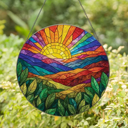 Stained Glass Sunrise Mountains And Leaf Grove Window Decor For Nature Lovers Home Stained Glass Suncatcher