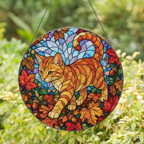 Orange Tabby Cat Stained Glass Autumn Leaves Window Decor For Fall Home Accent Stained Glass Suncatcher