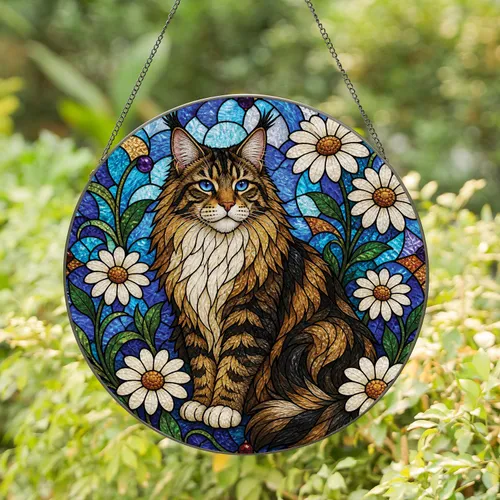 Stained Glass Maine Coon Cat With Daisies Cottage Garden Window Decor For Cat Lovers Stained Glass Suncatcher