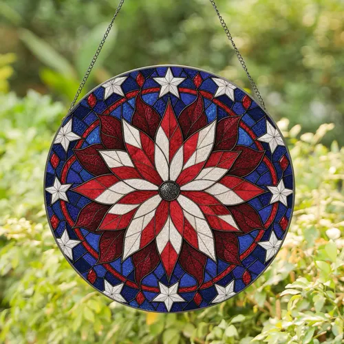 Patriotic Red White Blue Floral Star Panel For July 4th Home Decor Stained Glass Suncatcher