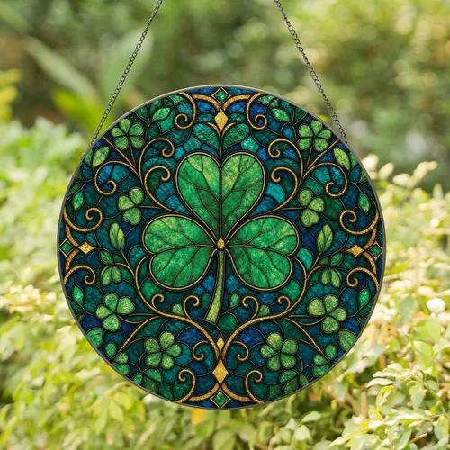 Emerald Clover Stained Glass Window Decor For St. Patrick's Day And Irish Home Gifts Stained Glass Suncatcher