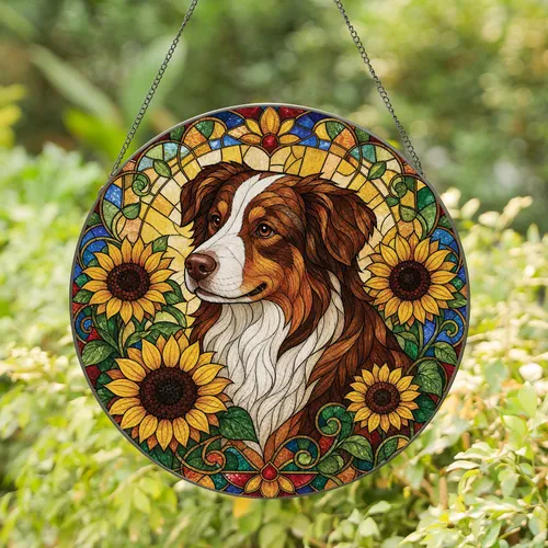 Australian Shepherd Sunflower Stained Glass Window Decor for Dog Lover Home Gifts Stained Glass Suncatcher