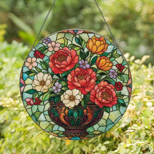 Peony And Tulip Stained Glass Vase Decor For Housewarming Gifts And Garden Lovers Stained Glass Suncatcher
