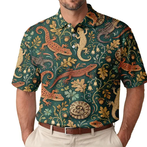 Vintage Gecko And Botanical Motif For Summer Travel, Resort Days, And Nature Lovers Men's Polo Shirt