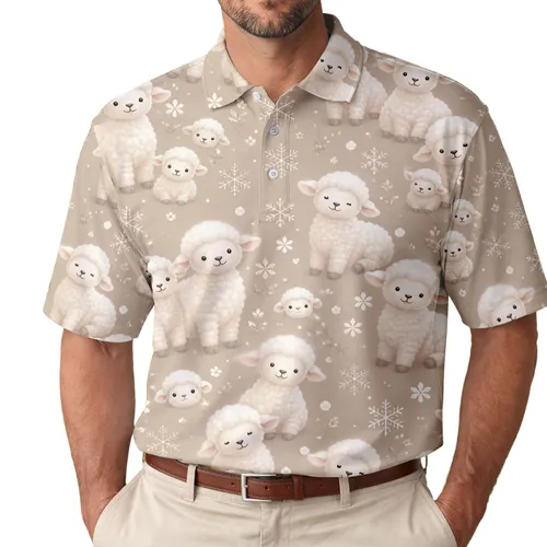 Cute White Lamb Snowflake Winter Meadow For Cozy Holiday Casual Wear For Women And Men Men's Polo Shirt
