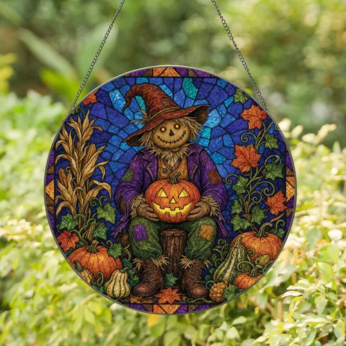 Scarecrow Jack O Lantern Stained Glass Halloween Window Decor for Fall Harvest Homes Stained Glass Suncatcher