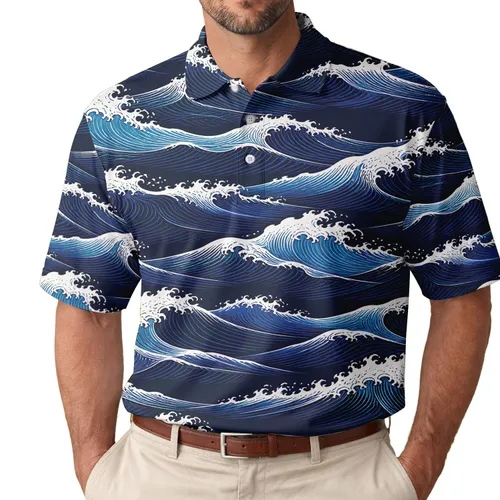 Navy Ocean Wave Woodcut Motif for Coastal Vacations Beach Days and Everyday Menswear Men's Polo Shirt