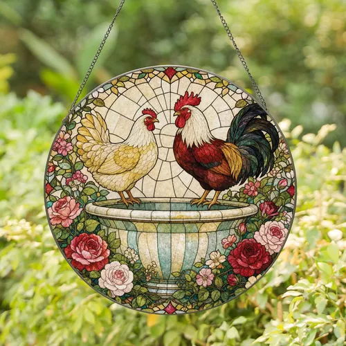Rustic Rooster And Hen Stained Glass Farmhouse Window Decor For Country Chicken Lovers Stained Glass Suncatcher