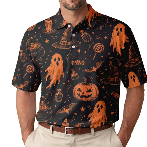 Vintage Halloween Pumpkin And Ghost Motifs For Fall Parties And Spooky Season Outfits Men's Polo Shirt