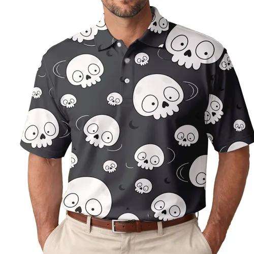 White Cartoon Skulls On Charcoal For Halloween Parties, Gothic Streetwear And Daily Wear Men's Polo Shirt