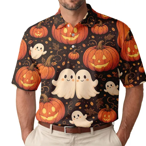 Cute Pumpkin And Ghost Halloween Night Party Outfit For Autumn Lovers Men's Polo Shirt
