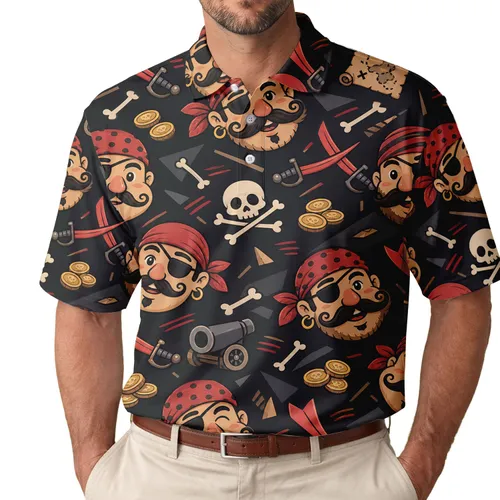 Cartoon Pirate Skulls And Cutlasses For Cruise Travel, Parties, And Everyday Adventurers Men's Polo Shirt