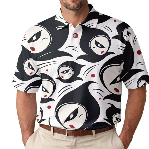 Hooded Mask Faces With Crimson Accents For Streetwear Festivals And Everyday Wear Men's Polo Shirt