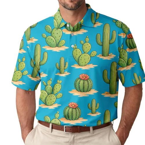 Turquoise Cactus Desert Tile For Beach Vacations And Summer Resort Wear For Men Men's Polo Shirt