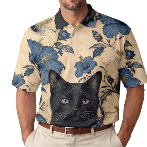 Black Cat And Blue Hibiscus Tropical Garden For Luau Beach Days And Resort Getaways Men's Polo Shirt