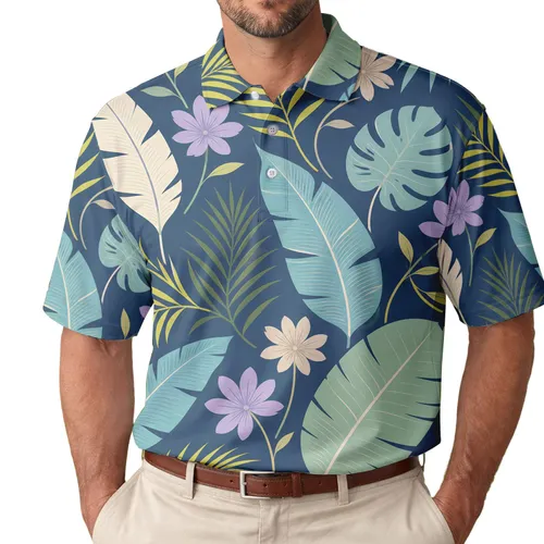 Tropical Botanical Leaves For Resort Travel, Golf Days And Casual Menswear Style Men's Polo Shirt