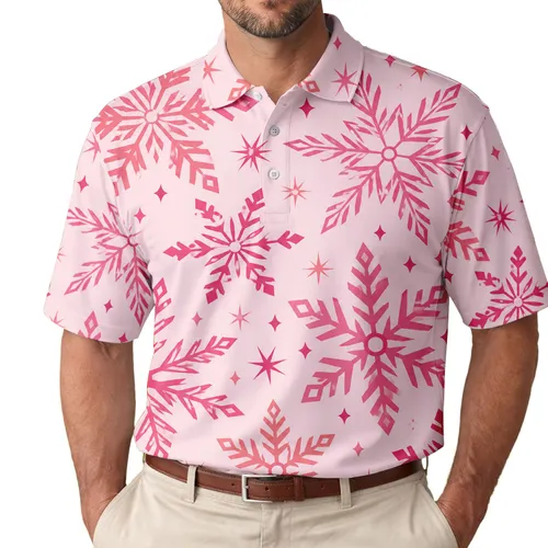 Pink Nordic Snowflakes For Christmas Holiday Parties, Winter Events And Gift Giving Men's Polo Shirt