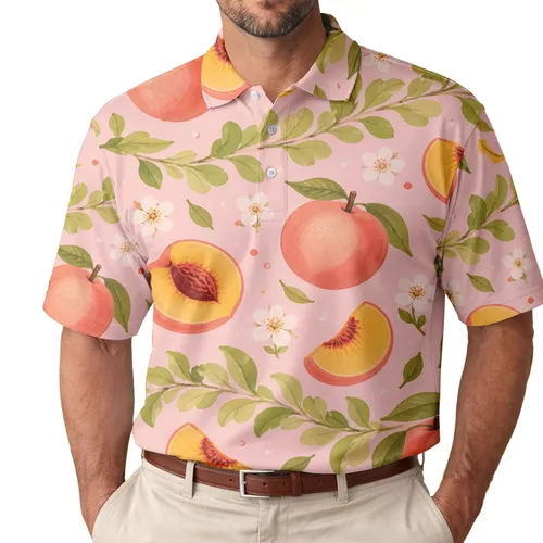 Ripe Peach Blossom Orchard Motif For Tropical Resort Vacations And Fruit Lovers Everywhere Men's Polo Shirt
