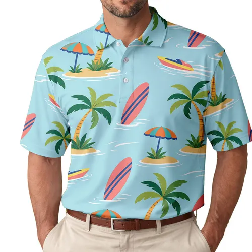 Tropical Surfboards Palms Beach Umbrellas And Speedboats For Summer Vacation Resort Style Men's Polo Shirt