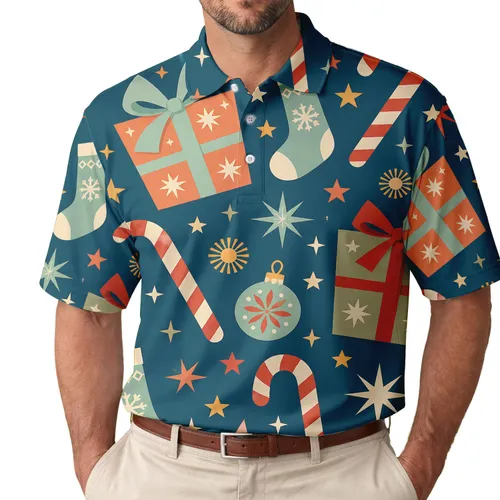 Retro Christmas Candy Canes, Gifts And Stockings For Men's Festive Holiday Party Outfits Men's Polo Shirt