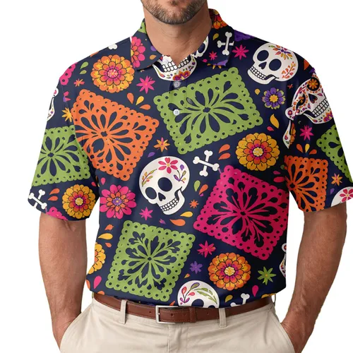 Colorful Calavera Skulls And Marigolds For Día De Muertos Festival Party Outfits Men's Polo Shirt