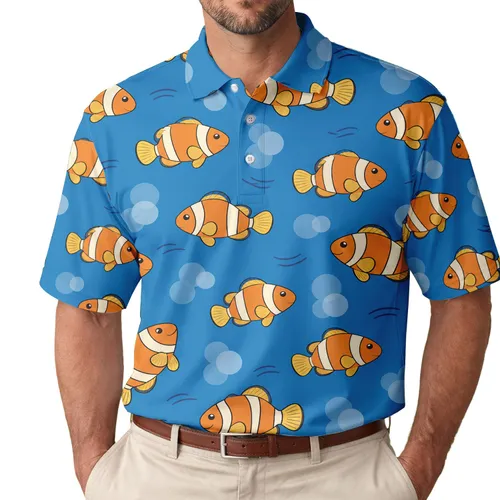 Orange Clownfish And Blue Bubble Coastal Vacation Resort Travel Wear For Men And Women Men's Polo Shirt