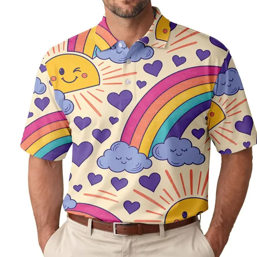 Retro Rainbow Hearts And Winking Suns For Cheerful Weekend Outings And Festival Lovers Men's Polo Shirt