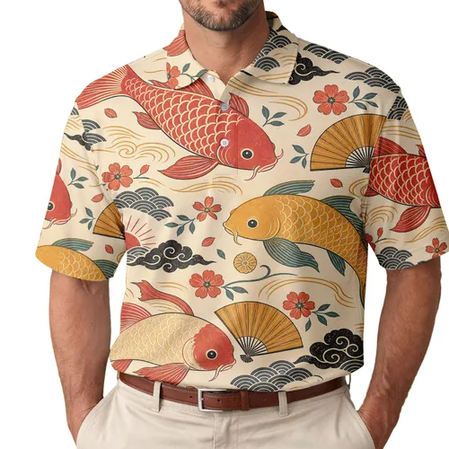 Japanese Koi Fish, Folding Fans And Waves For Coastal Resort Wear And Casual Style Men's Polo Shirt