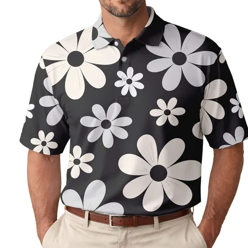 Retro White Daisy Floral for Beach Vacations, Summer Parties and Everyday Outings Men's Polo Shirt