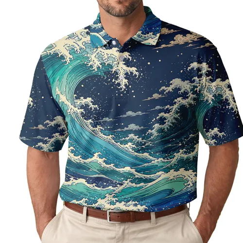 Japanese Ocean Wave Scene for Coastal Resort Wear and Everyday Nautical Style for Men Men's Polo Shirt