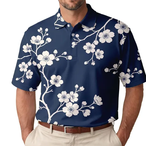 Ivory Cherry Blossom Navy Floral For Spring Garden Parties And Coastal Weekend Wear Men's Polo Shirt
