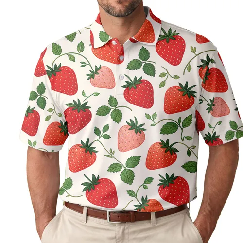 Hand Drawn Strawberry Botanical Motif For Summer Beach Dates And Garden Lovers Men's Polo Shirt