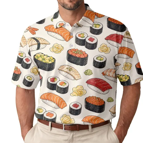 Hand Drawn Sushi Assortment For Beach Vacations, Foodies And Japanese Cuisine Fans Men's Polo Shirt