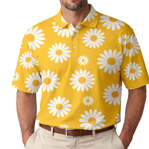 White Daisy Floral On Golden Yellow For Sunny Beach Days And Weekend Getaway Trips Men's Polo Shirt