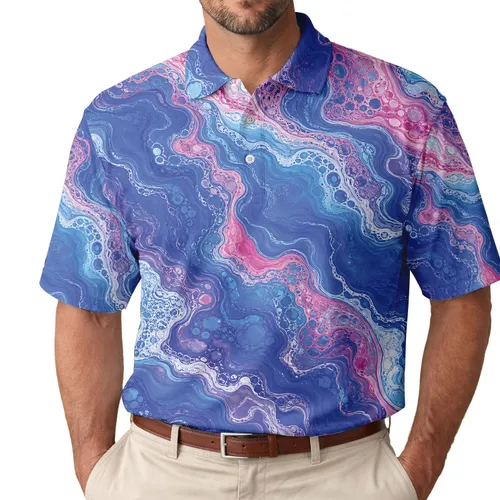 Cobalt Blue Pink Marble Swirl Abstract for Resort Travel and Modern Menswear Style Men's Polo Shirt