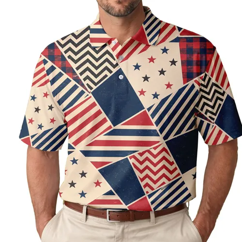 Patriotic Red Navy Ivory Patchwork Stars And Stripes For Summer Vacation Wear Men Men's Polo Shirt