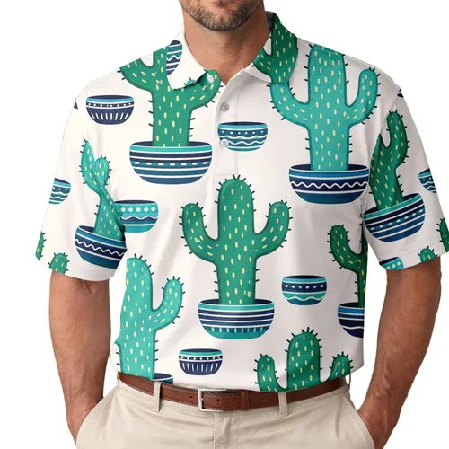 Teal Saguaro Cactus Planters For Beach Vacations And Casual Summer Resort Wear For Men Men's Polo Shirt