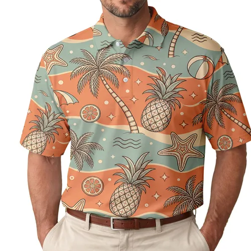 Retro Tropical Pineapple Palm Beach Motifs For Summer Vacations And Resort Getaways Men's Polo Shirt