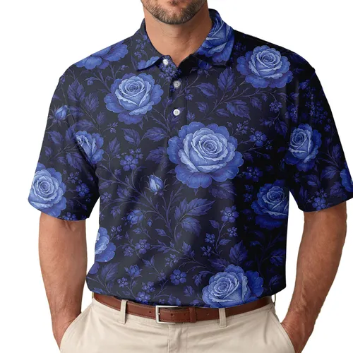 Blue Rose Midnight Botanical Floral for Evening Dates and Refined Casual Style Men's Polo Shirt