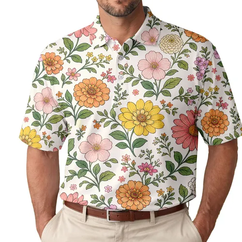 Pink Yellow Garden Flowers For Tropical Vacation Travel And Resort Wear For Women Men Men's Polo Shirt