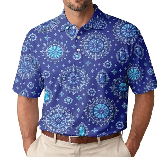 Cobalt Blue Jewel Rosette Allover Style For Resort Events And Elevated Everyday Wear Men's Polo Shirt