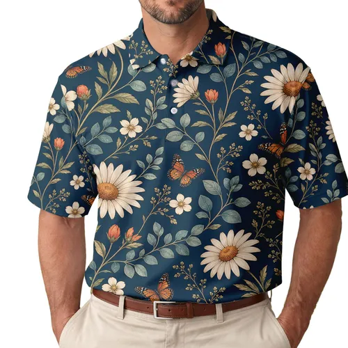 Midnight Teal Wildflower Daisies And Butterflies For Garden Parties And Daily Wear Men's Polo Shirt