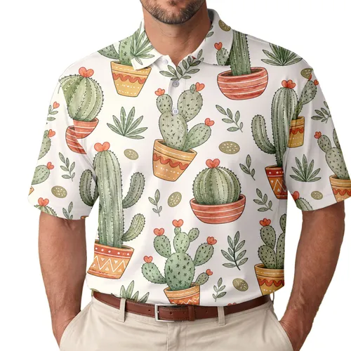 Watercolor Desert Cacti With Terracotta Pots For Summer Resort Wear And Weekend Outings Men's Polo Shirt